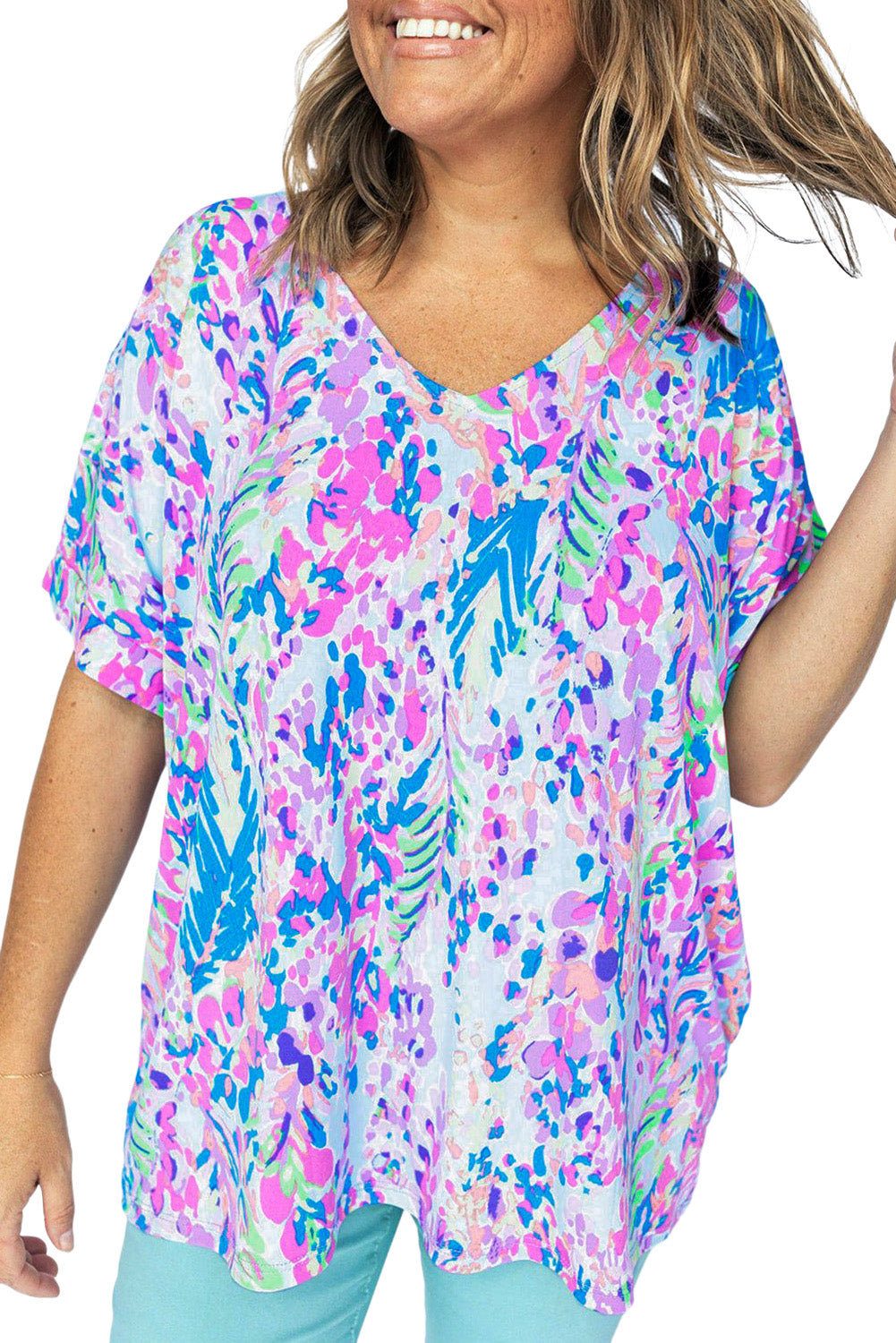 Sky Blue Plus Size Plant Print V Neck T-shirt Plus Size Tops JT's Designer Fashion