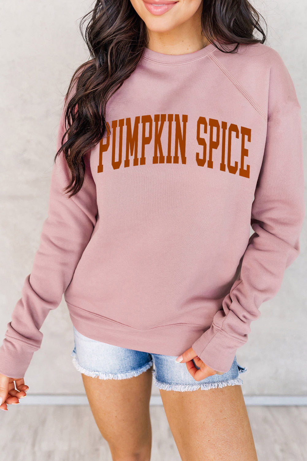 Pink PUMPKIN SPICE Reglan Sleeve Sweatshirt Pink 62.7%Polyester+37.3%Cotton Graphic Sweatshirts JT's Designer Fashion