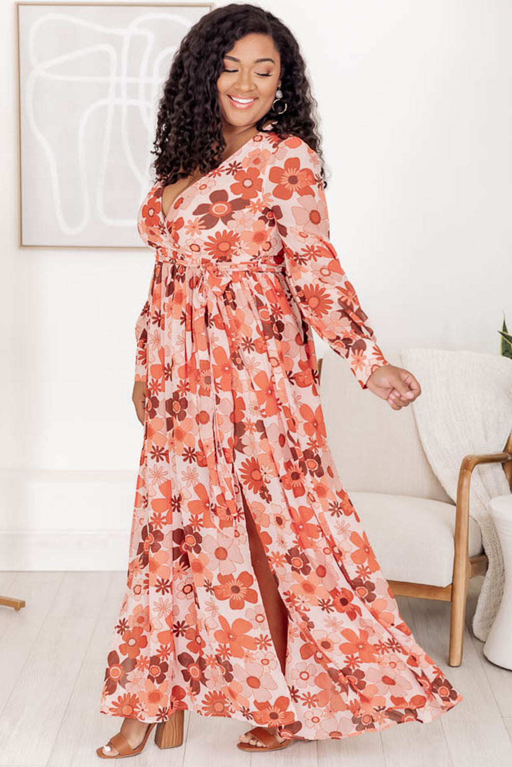 Orange Floral Print Knotted High Waist Plus Size Maxi Dress Plus Size JT's Designer Fashion