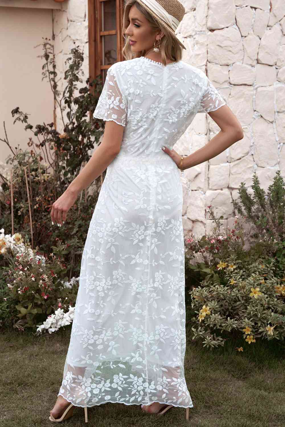 Embroidered Short Sleeve Surplice Neck Maxi Dress Maxi Dresses JT's Designer Fashion