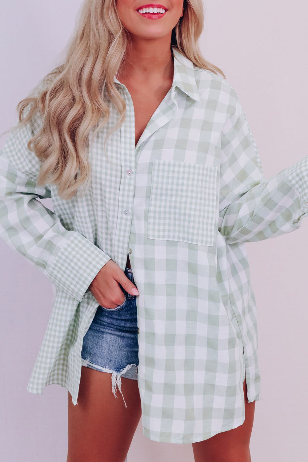 Green Mix Checked Patchwork Long Sleeve Shirt Tops & Tees JT's Designer Fashion