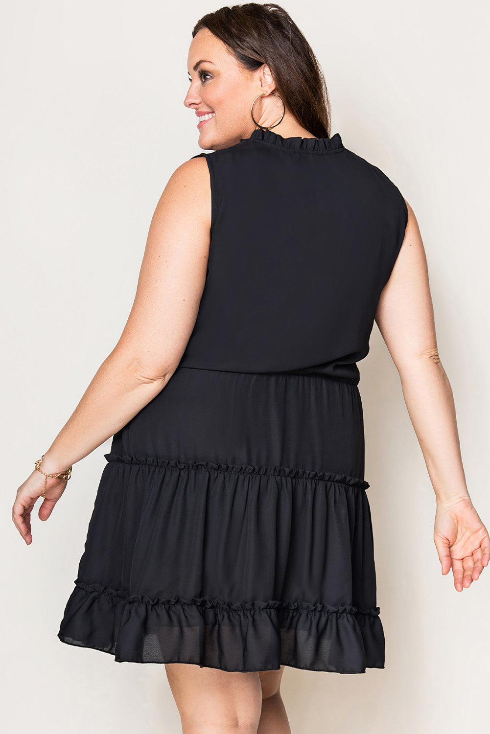 Black Plus Size Drawstring V-Neck Sleeveless Frilled Dress Plus Size JT's Designer Fashion