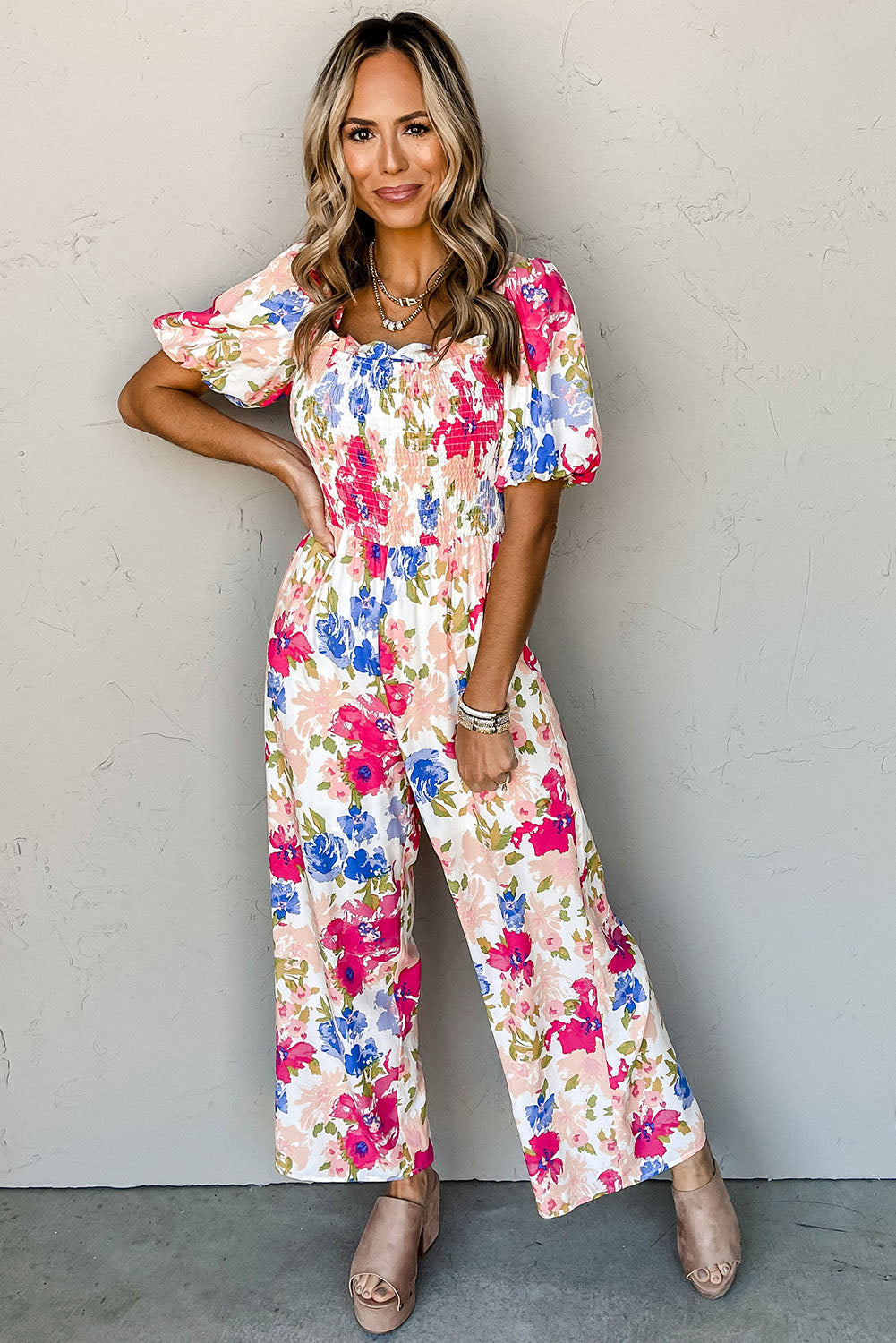 Multicolor Floral Print Smocked Puff Sleeve Jumpsuit Jumpsuits & Rompers JT's Designer Fashion