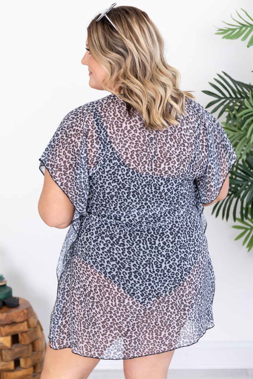 Gray Leopard Print Drawstring Ruffled Plus Size Kimono Plus Size Swimwear JT's Designer Fashion