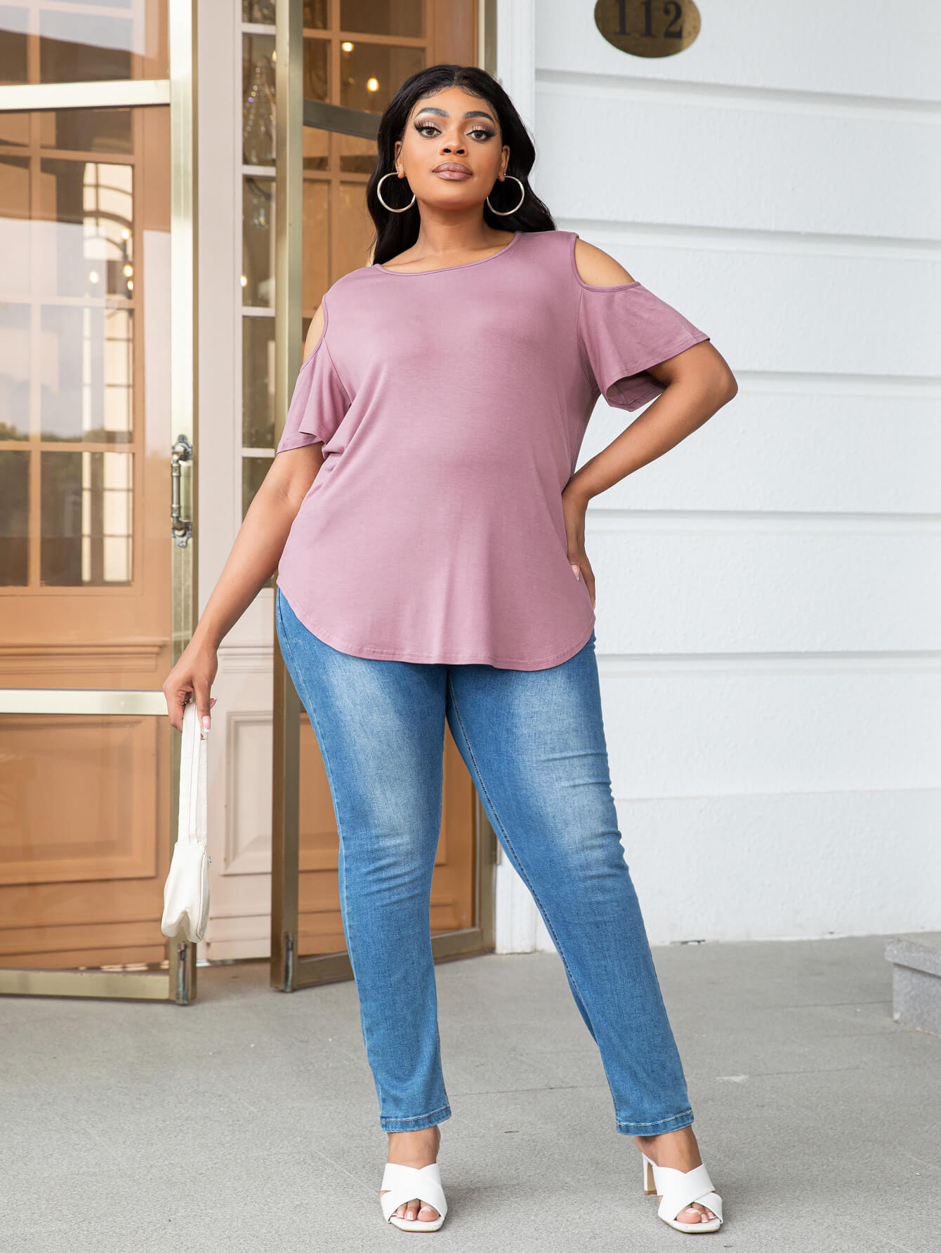 Plus Size Cold-Shoulder Round Neck Curved Hem Tee Plus Size Tops JT's Designer Fashion