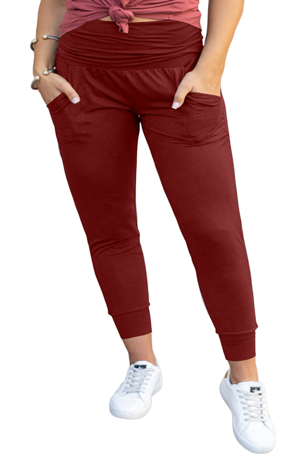 Clay Red Plus Size High Waist Pocketed Skinny Pants Plus Size JT's Designer Fashion