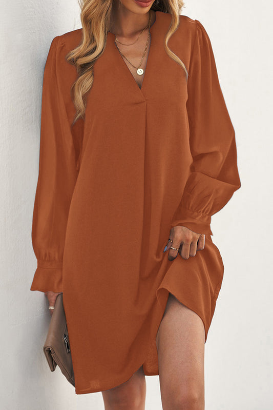 Split V Neck Ruffled Sleeves Shirt Dress Mini Dresses JT's Designer Fashion