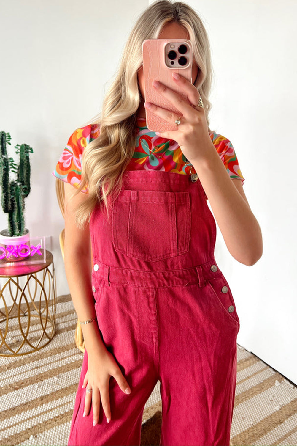 Strawberry Pink Adjustable Straps Buttoned Overall with Pocket Bottoms JT's Designer Fashion