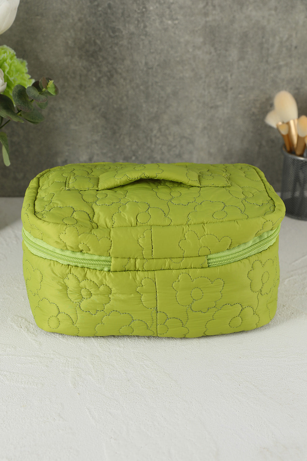 Green Floral Quilted Letter Patch Zipped Travel Cosmetic Bag Other Accessories JT's Designer Fashion