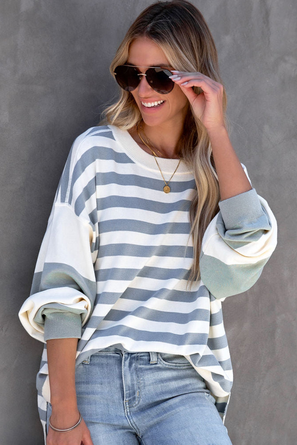 Stripe Drop Shoulder Striped Pullover Sweatshirt Sweatshirts & Hoodies JT's Designer Fashion