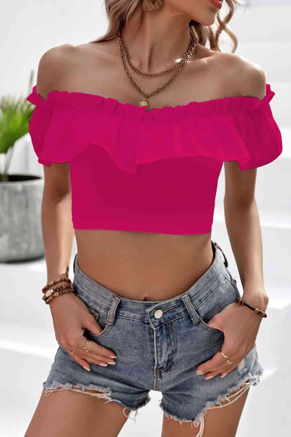 Off-Shoulder Ruffled Cropped Top Deep Rose Crop Tops JT's Designer Fashion