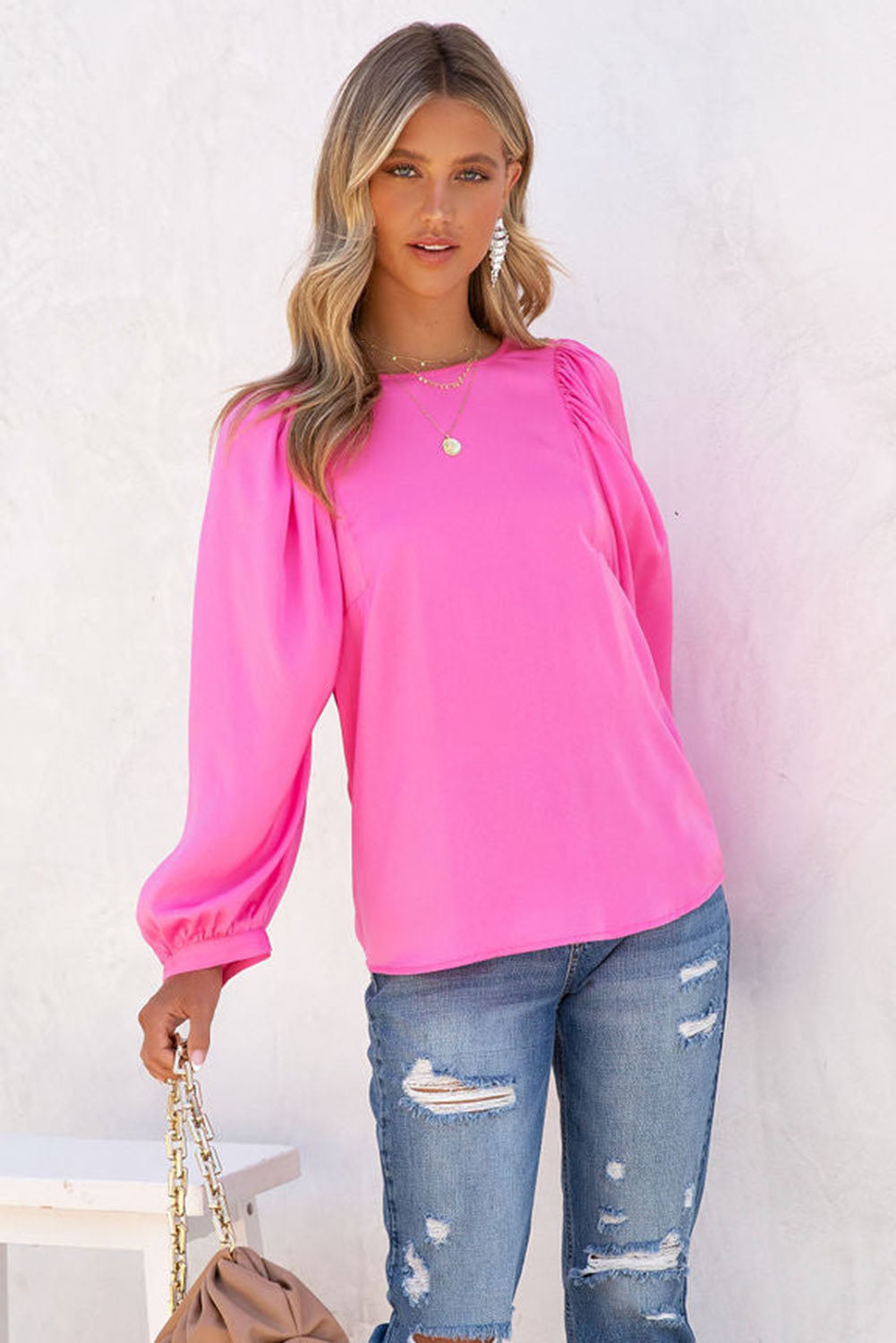 Barbie Style Pink Satin Puff Long Sleeve Crewneck Blouse Tops & Tees JT's Designer Fashion