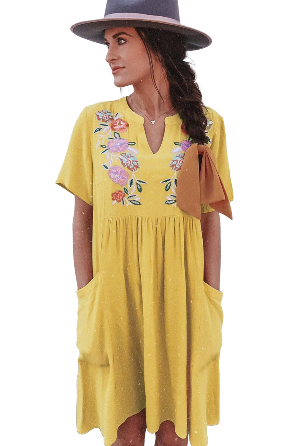 Yellow Split Neck Embroidered Floral Babydoll Swing Dress Floral Dresses JT's Designer Fashion