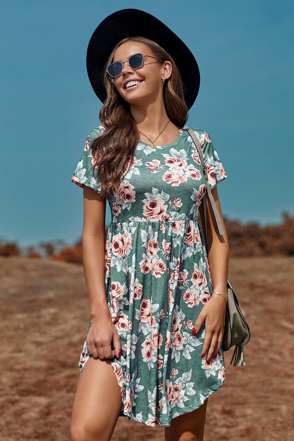 Green Floral Print Short Sleeve Pleated Mini Dress T Shirt Dresses JT's Designer Fashion