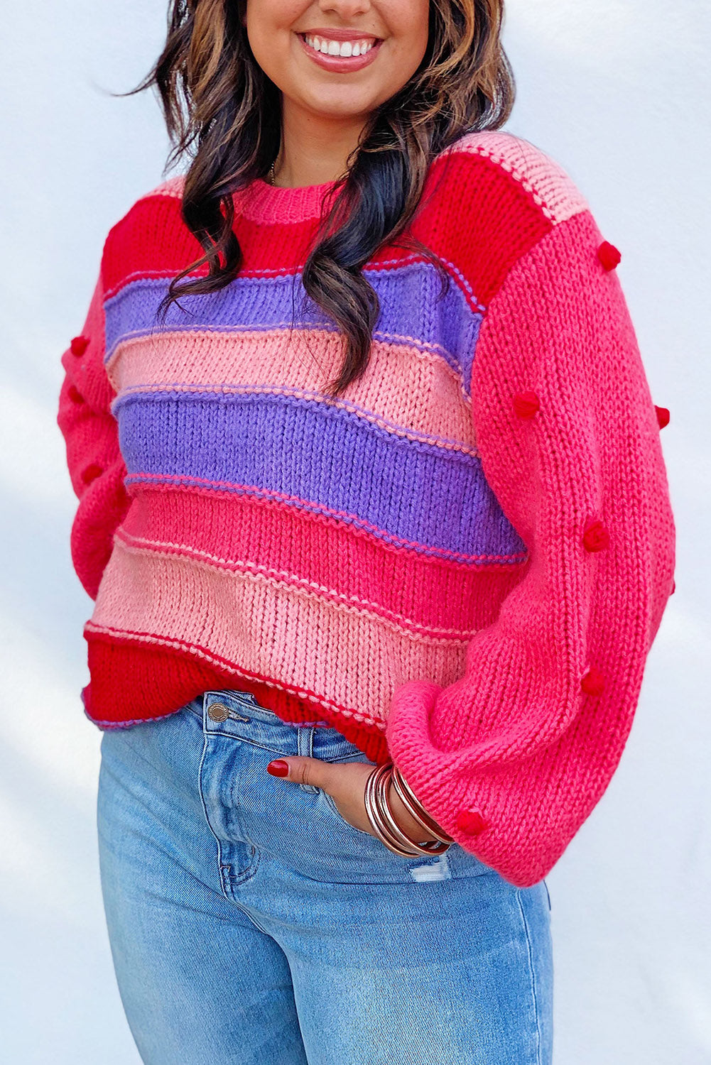 Pink Plus Size Striped Knit Pompom Puff Sleeve Sweater Plus Size JT's Designer Fashion