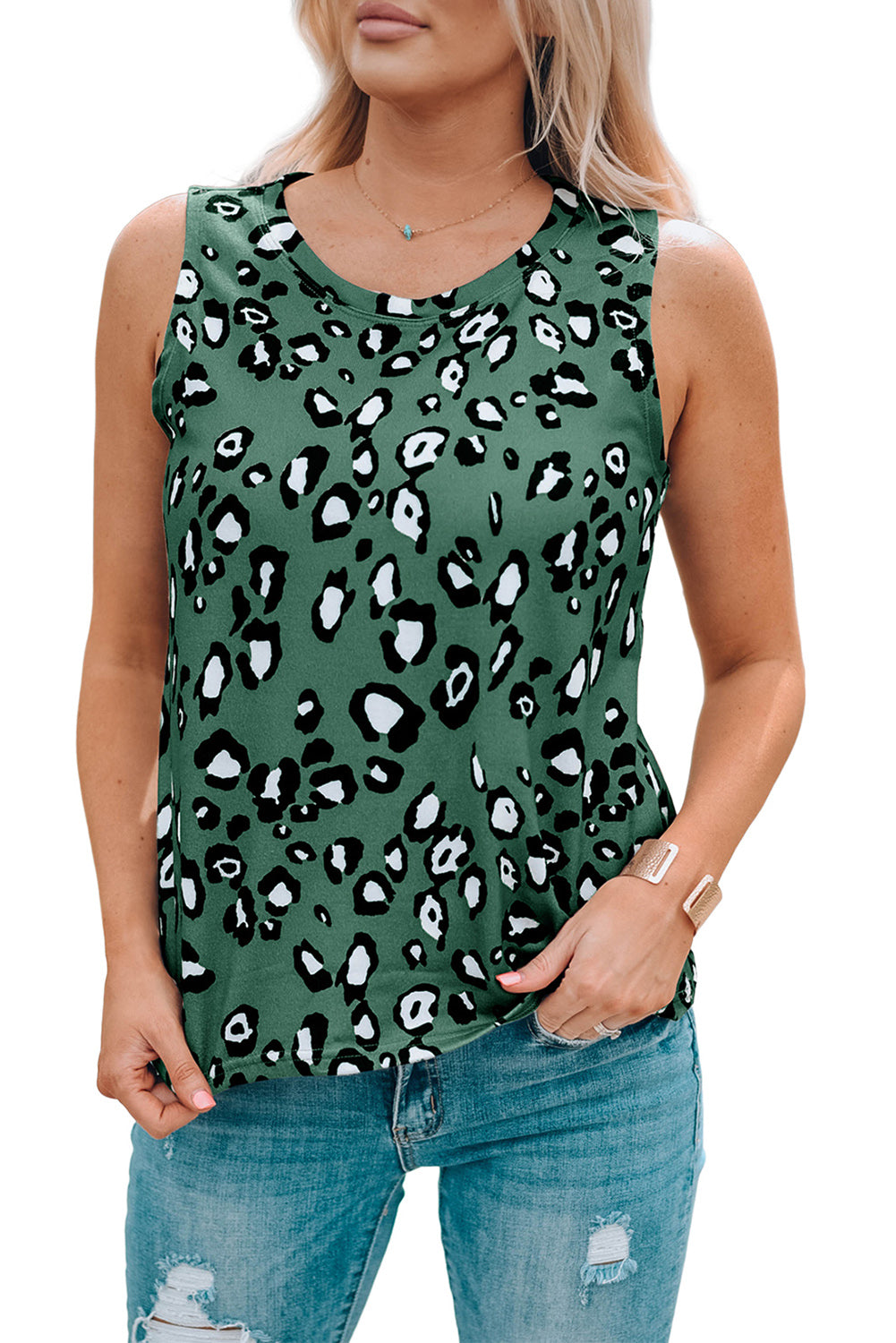 Green Leopard Print Crew Neck Tank Top Tank Tops JT's Designer Fashion