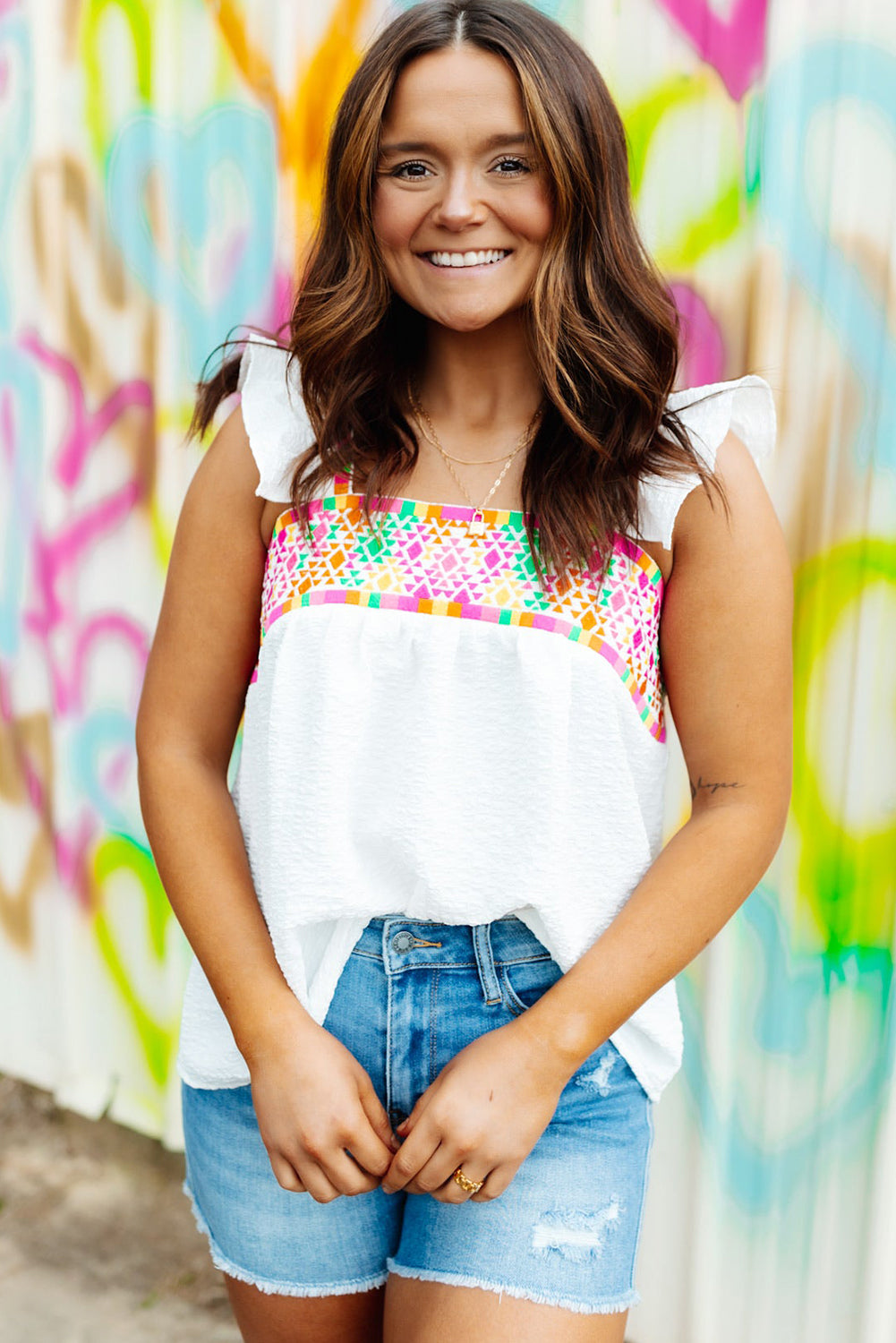 White Aztec Embroidered Square Neck Ruffle Tank Top Tank Tops JT's Designer Fashion