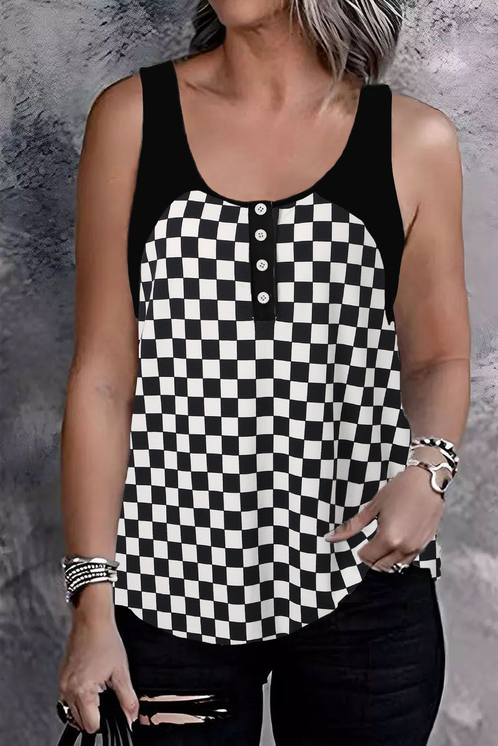 Black Plaid Patchwork Buttoned U Neck Tank Top Tank Tops JT's Designer Fashion