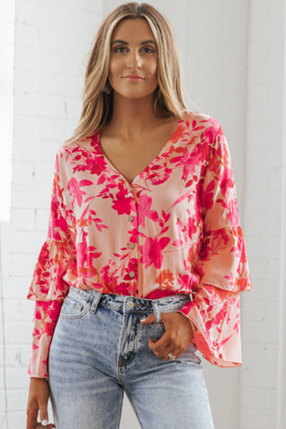 Pink Floral Double Bell Long Sleeve Buttoned Bodysuit Tops & Tees JT's Designer Fashion