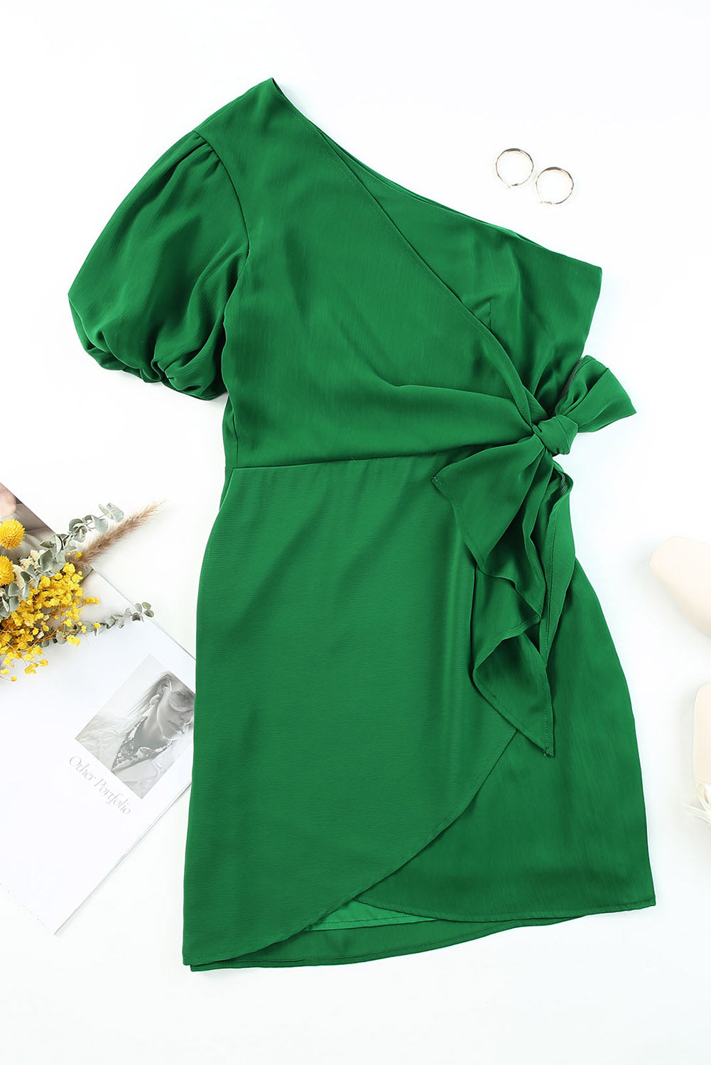 Green Asymmetric Bubble Sleeve Twist Knot Wrap Dress Mini Dresses JT's Designer Fashion