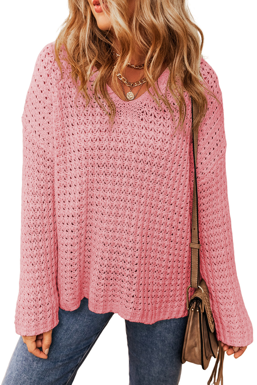 Pink Open Knit V Neck Sweater Pre Order Sweaters & Cardigans JT's Designer Fashion