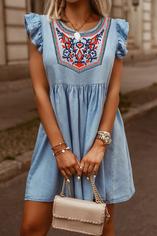 Sky Blue Floral Embroidered Ruffled Sleeve Mini Dress Mini Dresses JT's Designer Fashion