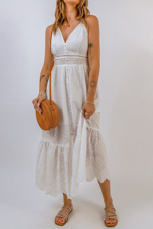 White Embroidered Spaghetti Straps Maxi Dress with Pearls White 100%Polyester Maxi Dresses JT's Designer Fashion