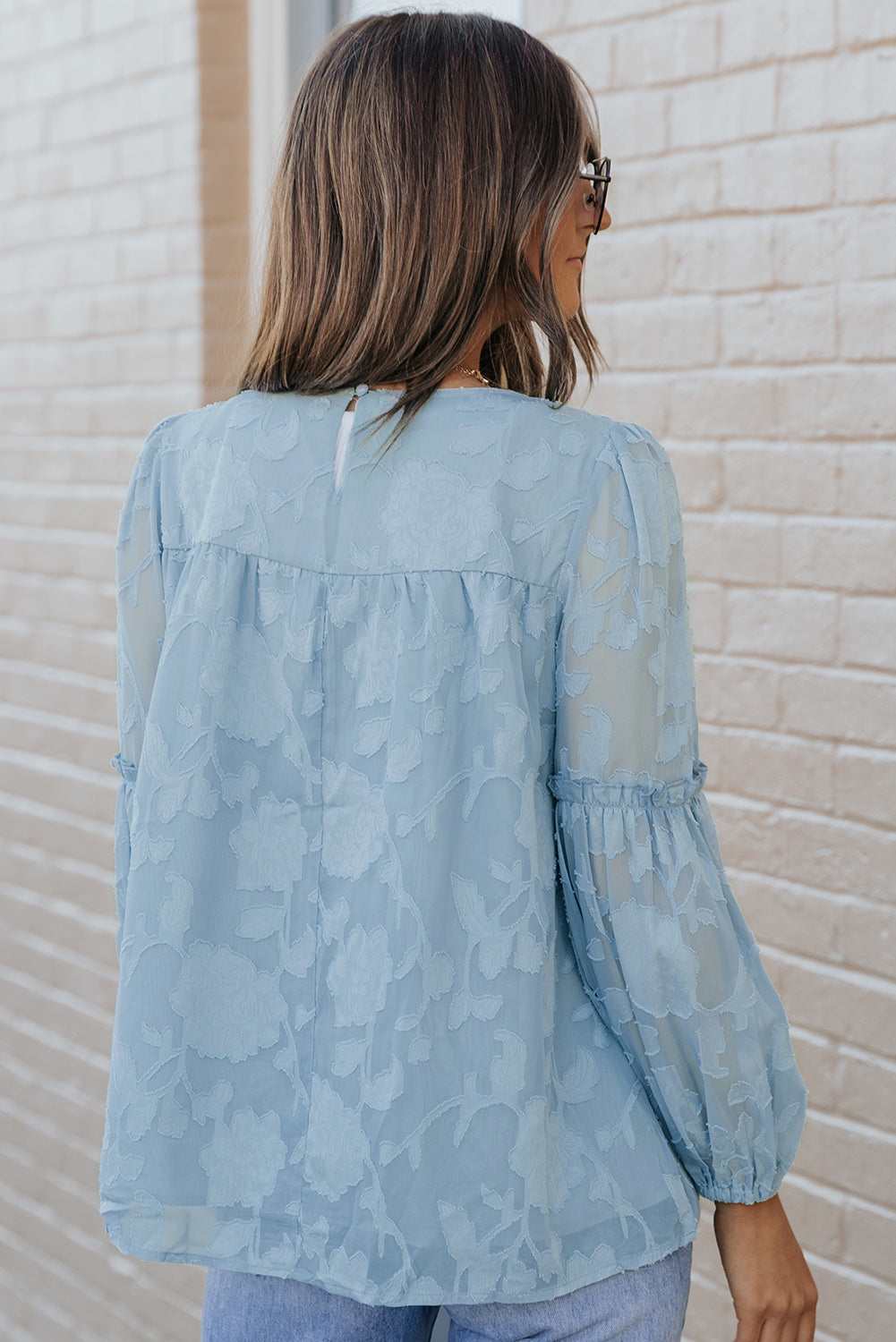 Blue Textured Ruffle Lantern Sleeve Babydoll Blouse Blouses & Shirts JT's Designer Fashion