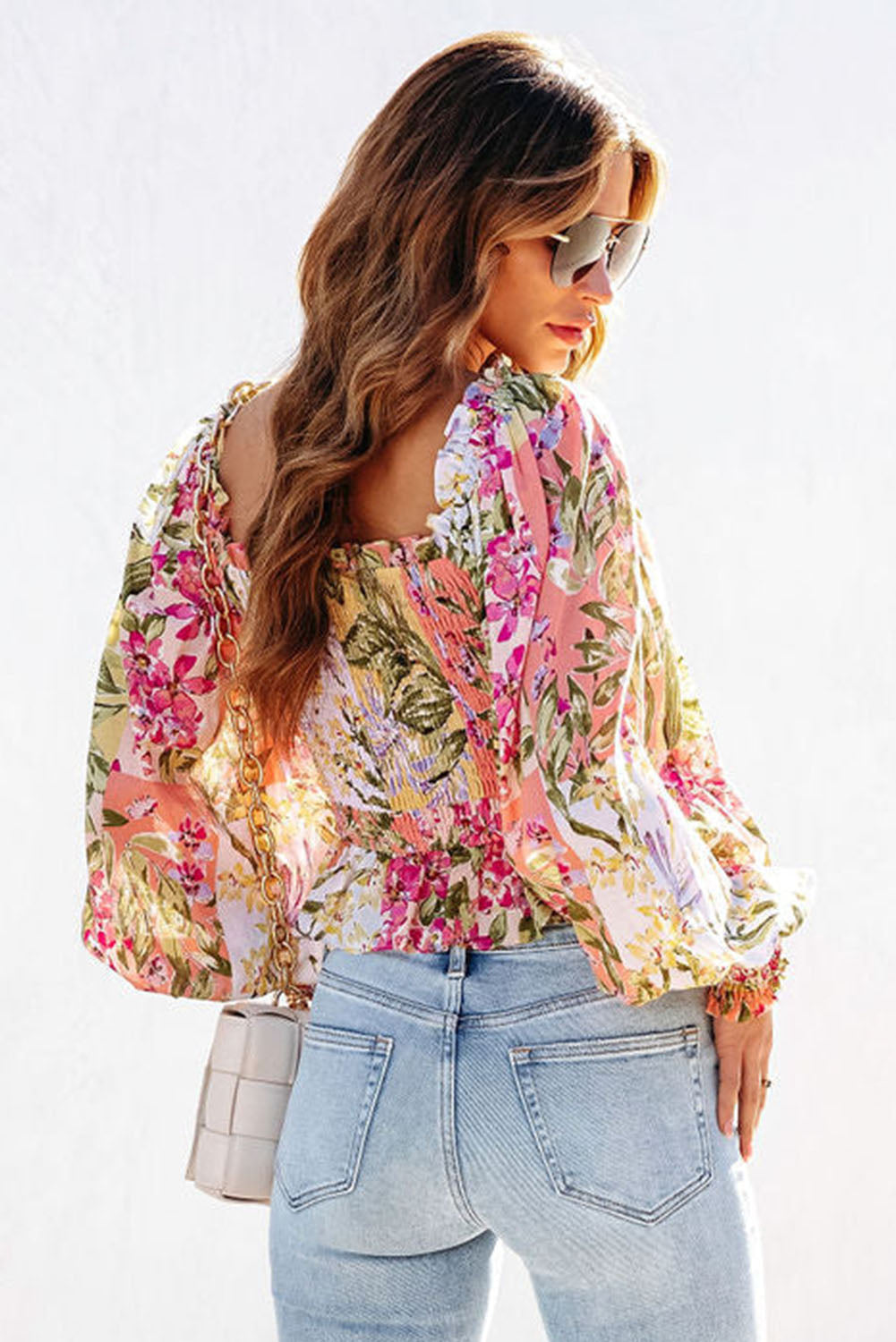 Multicolor Square Neck Ruffled Frilled Trim Floral Blouse Tops & Tees JT's Designer Fashion