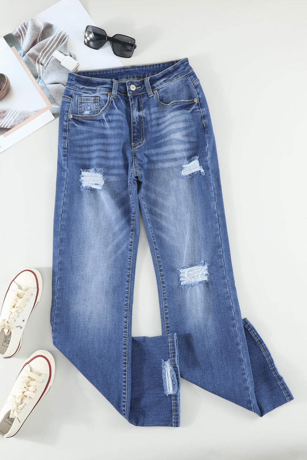 Blue High Rise Washed Distressed Flare Jeans Jeans JT's Designer Fashion