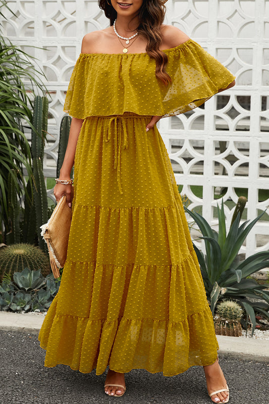 Yellow Yellow Yellow Off Shoulder Ruffle Swiss Dot Maxi Dress Yellow 95%Polyester+5%Spandex Maxi Dresses JT's Designer Fashion