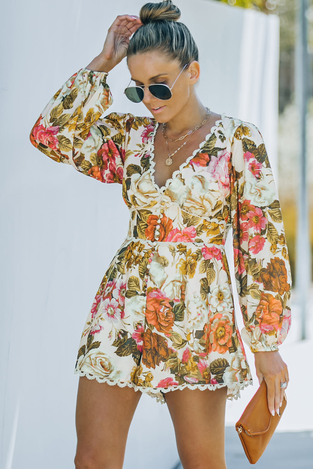 Floral Print V Neck Bishop Sleeve Lace Trim Romper Jumpsuits & Rompers JT's Designer Fashion