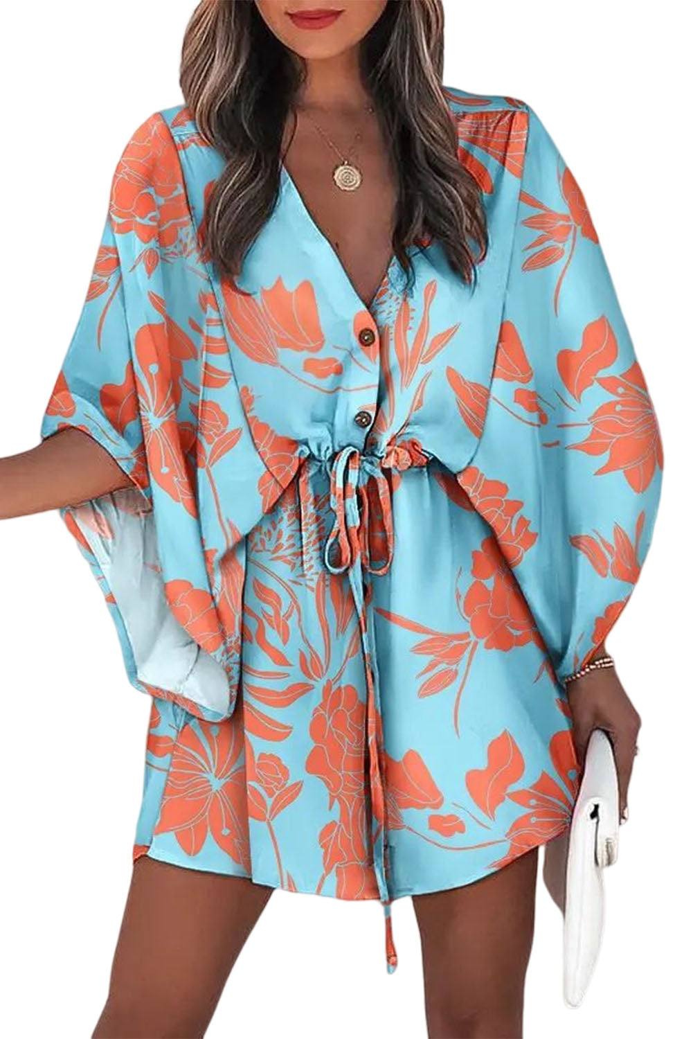 Sky Blue Geometric Print Button Drawstring Batwing Sleeve Dress Mini Dresses JT's Designer Fashion