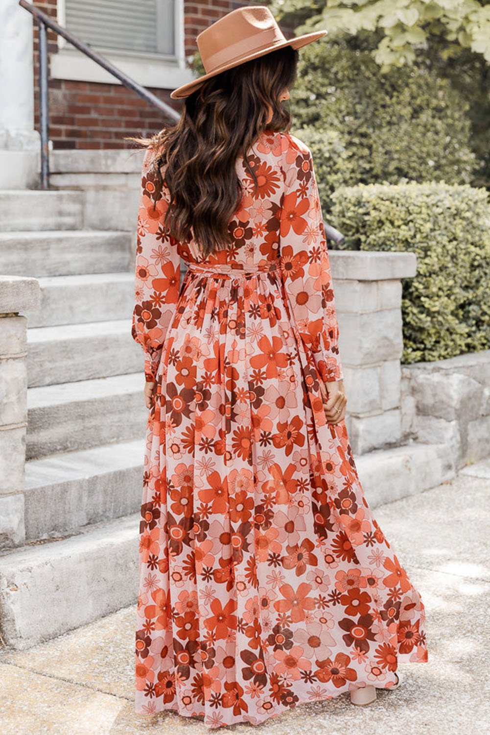 Orange Floral Print Knotted High Waist Plus Size Maxi Dress Plus Size JT's Designer Fashion