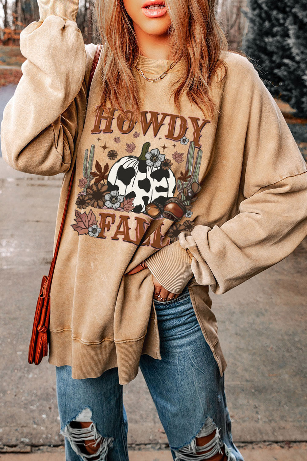 Khaki HOWDY FALL Pumpkin Print Split Hem Sweatshirt Graphic Sweatshirts JT's Designer Fashion