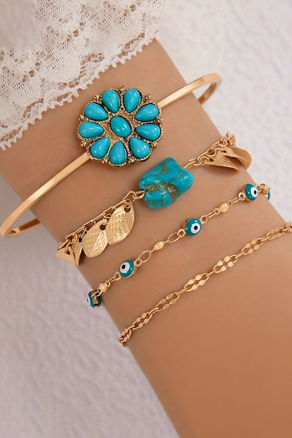 Gold Boho Turquoise Inlaid 4pcs Bracelet Set Jewelry JT's Designer Fashion