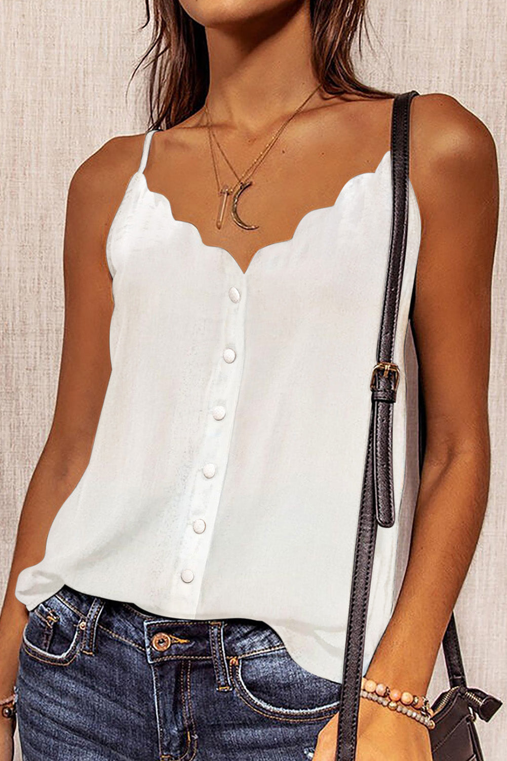 White Spaghetti Straps Buttoned V Neck Vest White 100%Polyester Tank Tops JT's Designer Fashion