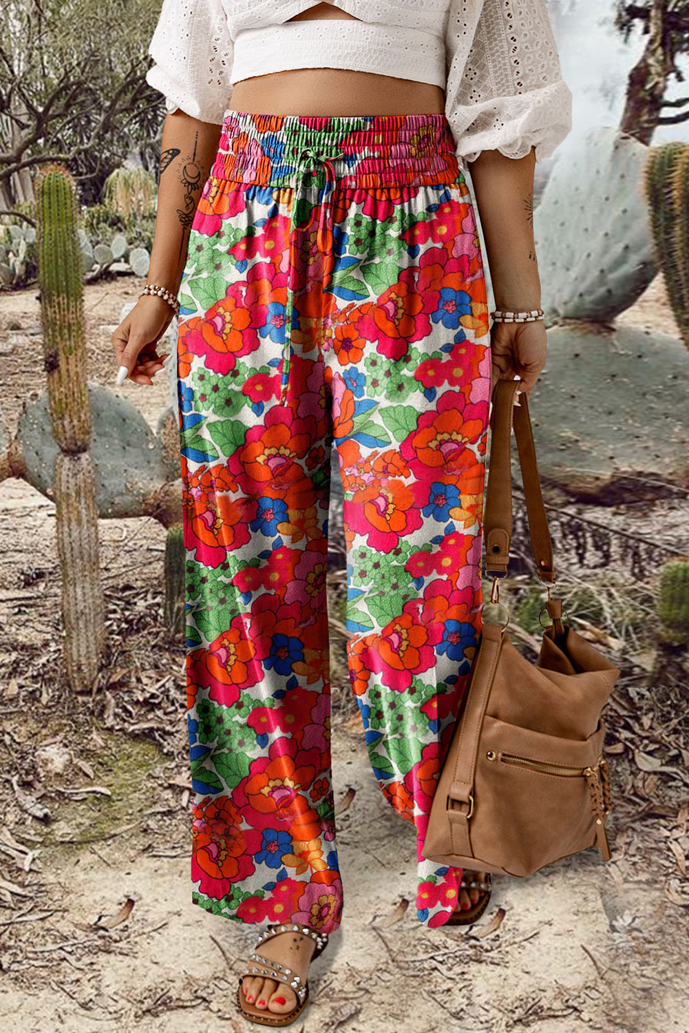 Multicolor Floral Print Tie Elastic High Waist Palazzo Pants Bottoms JT's Designer Fashion