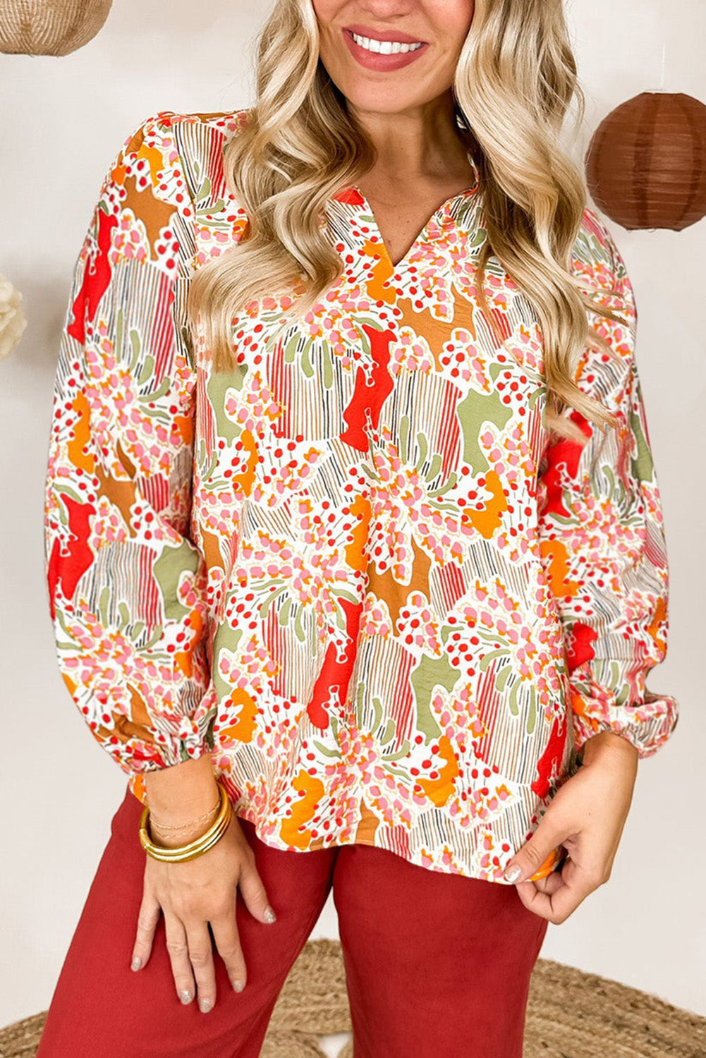 Orange Printed Split V Neck Puff Sleeve Blouse Tops & Tees JT's Designer Fashion