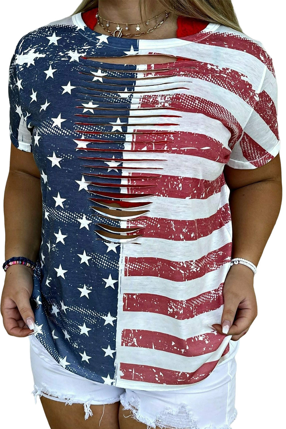 Multicolor Plus Size Laser Cut USA Flag Printed T-shirt Plus Size JT's Designer Fashion