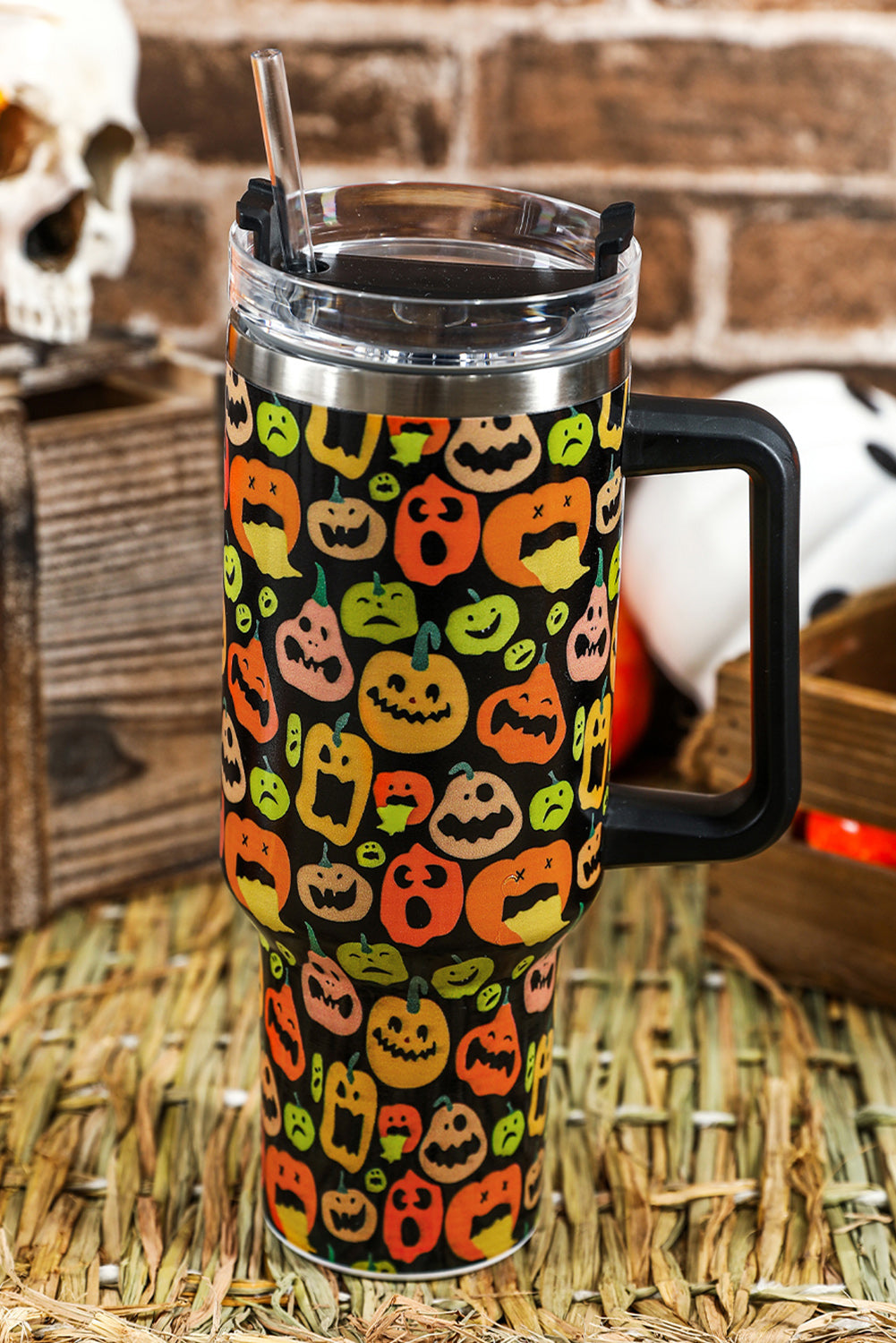 Black Halloween Pumpkins 40oz Stainless Steel Thermos Cup Tumblers JT's Designer Fashion