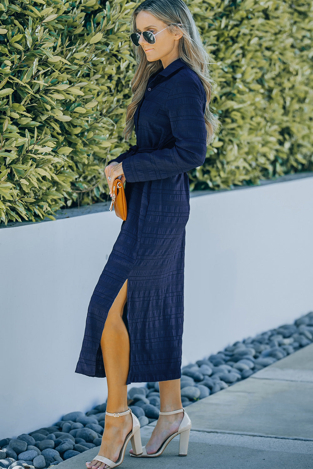 Blue Crinkle Textured Long Sleeve Shirt Dress with Belt T Shirt Dresses JT's Designer Fashion