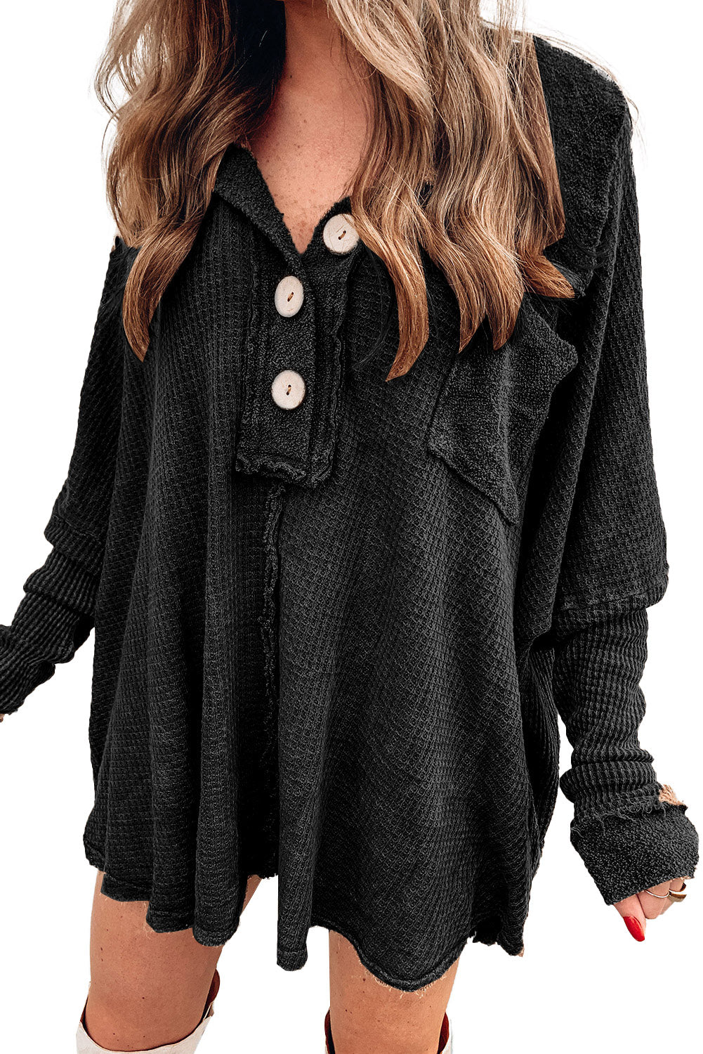 Black Waffle Knit Buttoned Long Sleeve Top Long Sleeve Tops JT's Designer Fashion