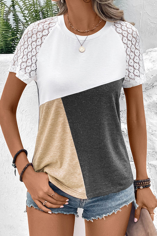 Khaki Color Block Lace Patchwork Short Sleeve T Shirt Tops & Tees JT's Designer Fashion