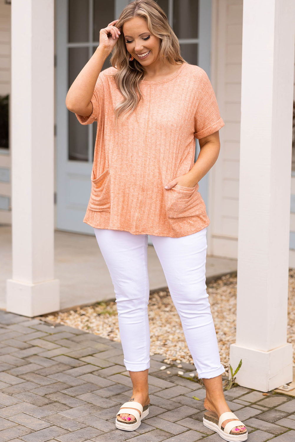 Orange Plus Size Cuffed Short Sleeve Knit Top with Pockets Plus Size JT's Designer Fashion