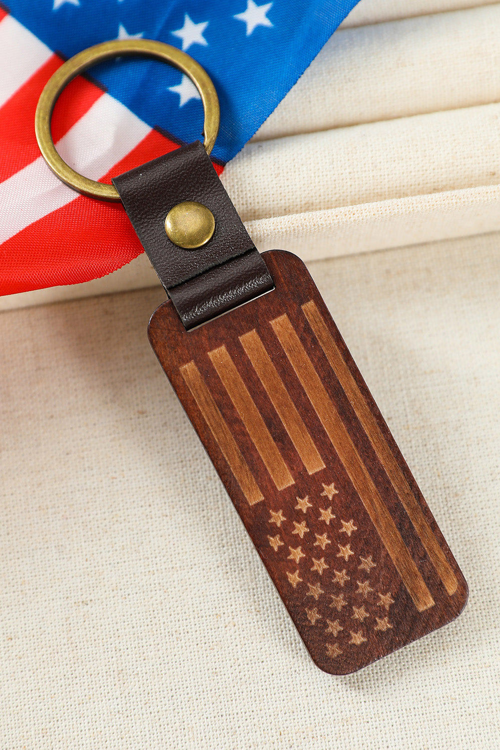 Brown American Flag Vintage Wood Leather Pendant Keychain Other Accessories JT's Designer Fashion