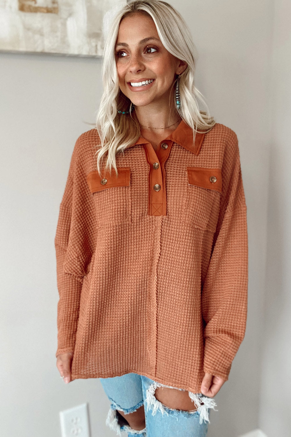 Brown Waffle Knit Button Contrast Trim Long Sleeve Top Tops & Tees JT's Designer Fashion