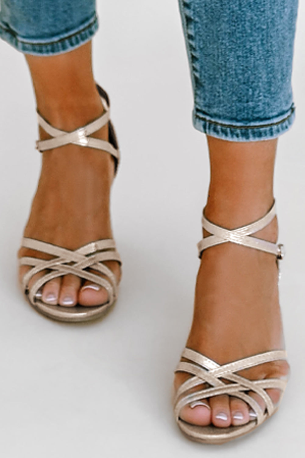 Gold Metallic Crisscross Straps Chunky Heeled Ankle Sandals Sandals JT's Designer Fashion