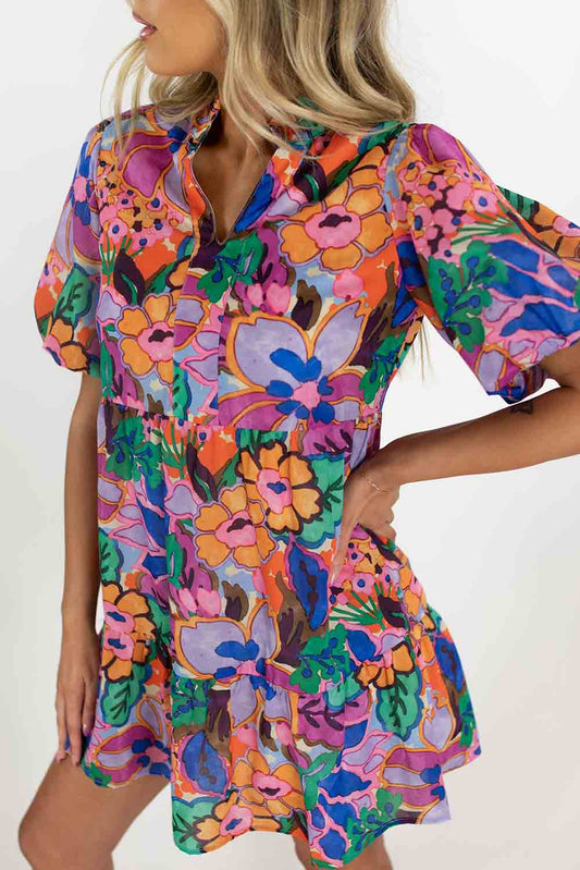 Multicolor Floral Puff Sleeve Notch V-Neck Ruffled Mini Dress Dresses JT's Designer Fashion