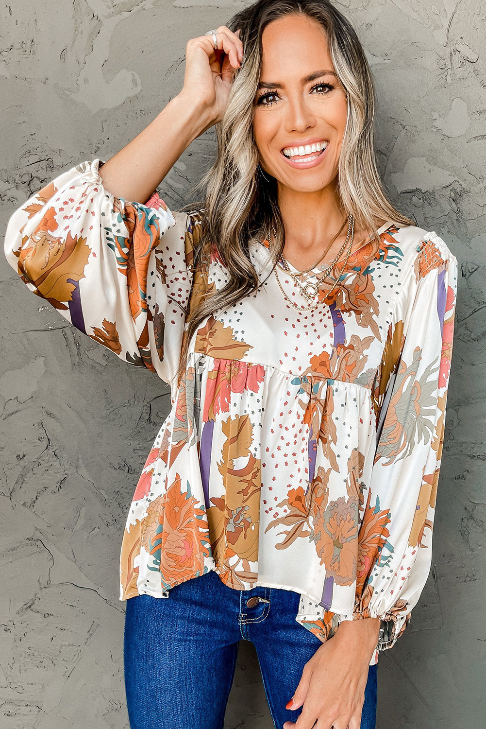 Multicolour Fall Floral Print V Neck Long Sleeve Babydoll Blouse Tops & Tees JT's Designer Fashion